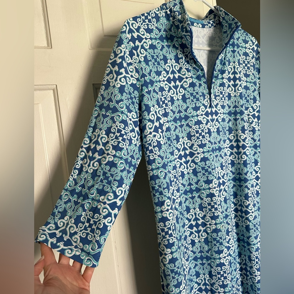 J. McLaughlin Bedford Dress Collared Fitted 3/4 sleeves zip Monaco Blue White - Picture 2 of 7